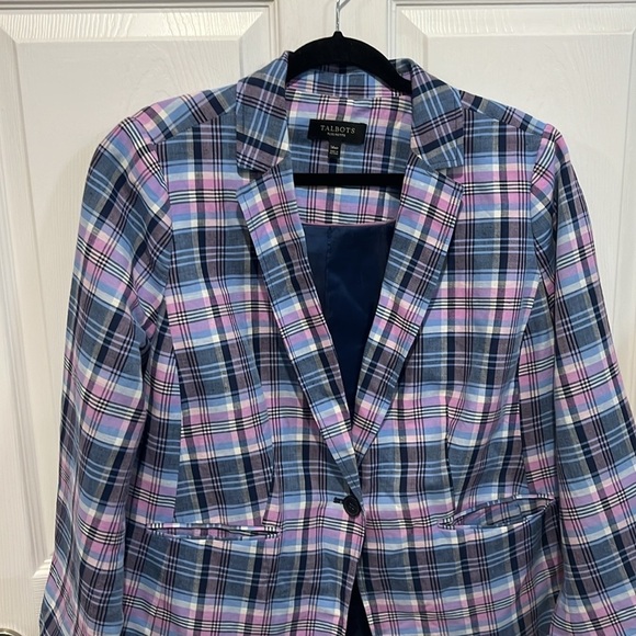 Talbots purple blue plaid one button linen cotton blazer size Large WP - Picture 3 of 7